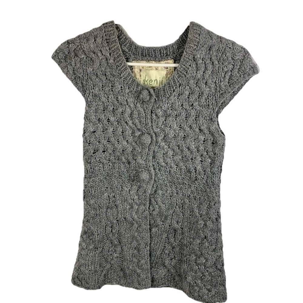 Kenji Sweater Vest Cardigan Fisherman Chunky Gray Cottagecore‎ Sz S Cozy EUC